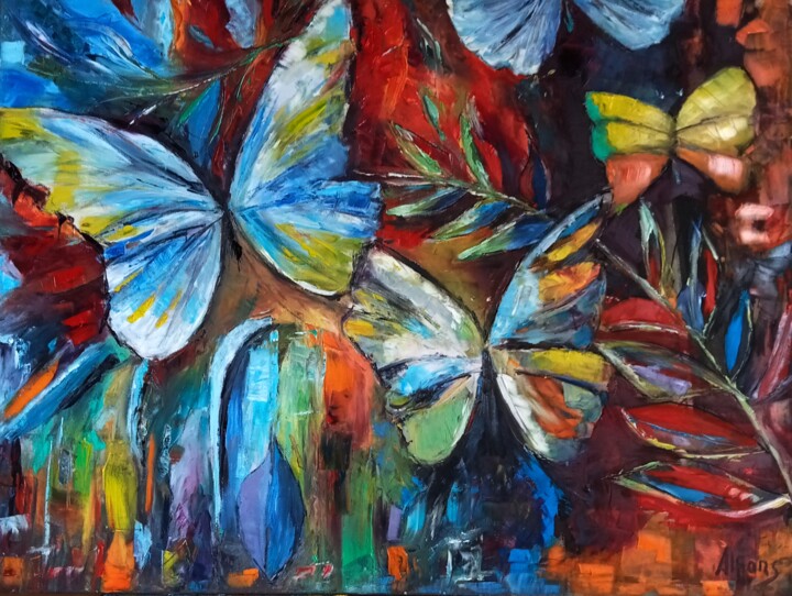 Malerei mit dem Titel "Butterflies on my h…" von Alfonso Fernandez Gregori, Original-Kunstwerk, Öl