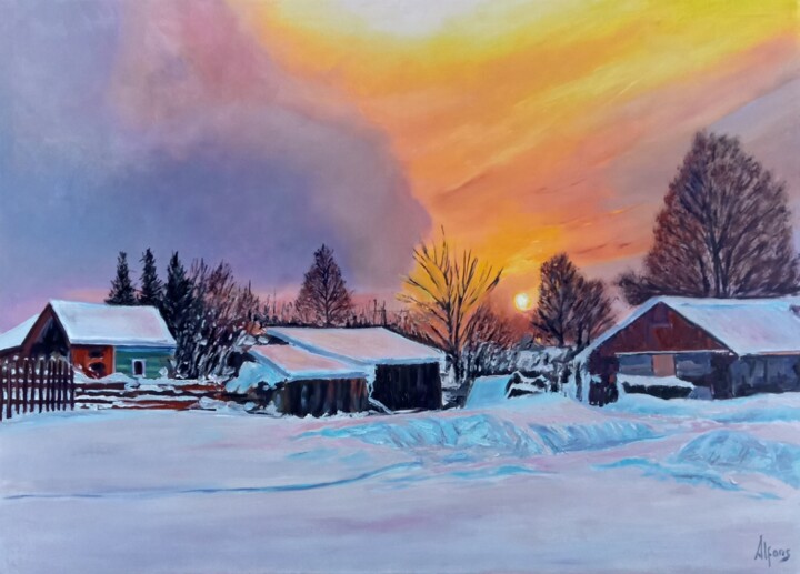 Painting titled "Snowy landscape" by Alfonso Fernandez Gregori, Original Artwork, Oil