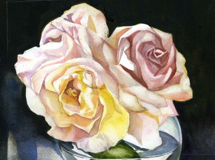 Painting titled "three roses" by Alfred Ng, Original Art, Watercolor