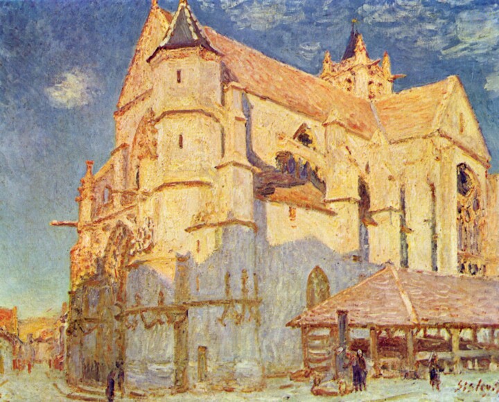 Schilderij getiteld "Église de Moret" door Alfred Sisley, Origineel Kunstwerk, Olie