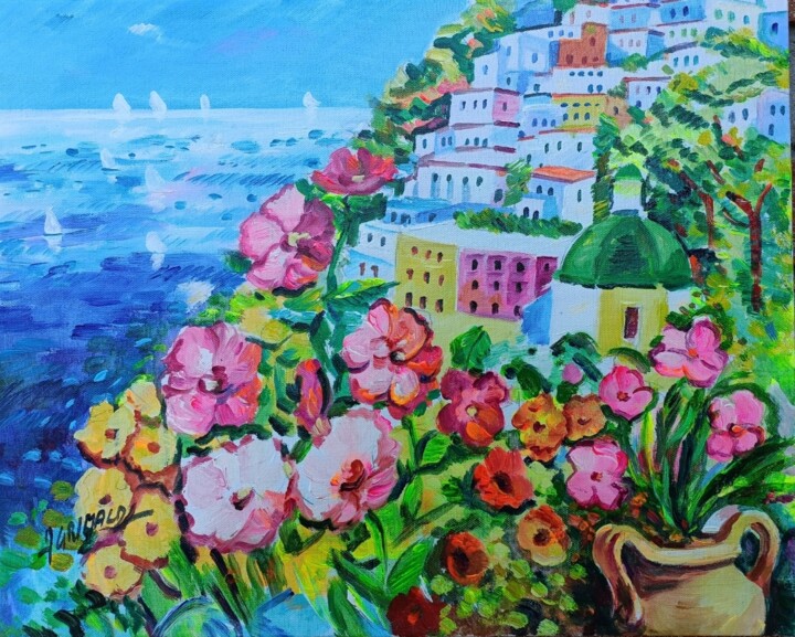 Painting titled "Flowers in Amalfi c…" by Alfredo Grimaldi, Original Artwork, Oil Mounted on Wood Stretcher frame