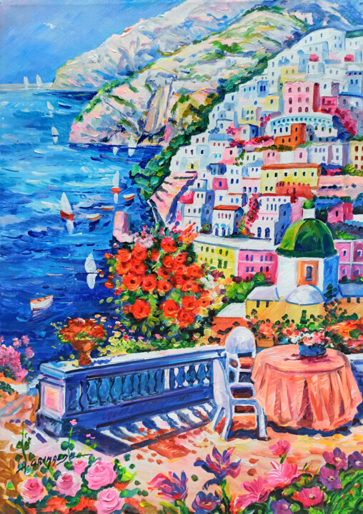 Pintura titulada "One day on Amalfita…" por Alfredo Grimaldi, Obra de arte original, Oleo Montado en Bastidor de camilla de…