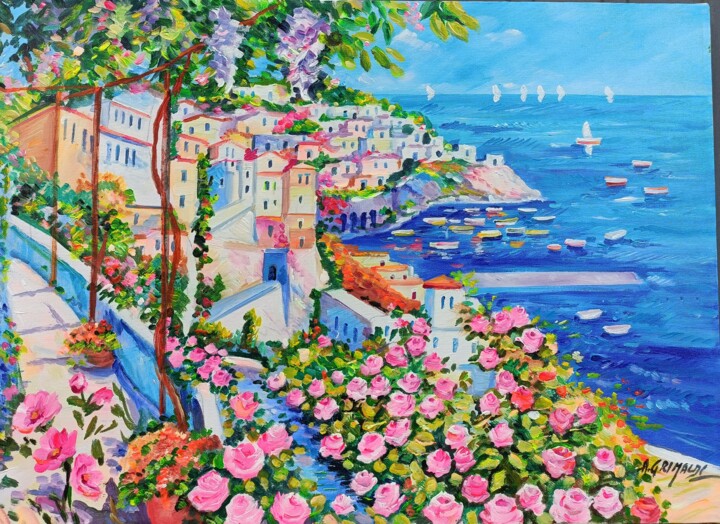 Painting titled "Positano coast" by Alfredo Grimaldi, Original Artwork, Oil Mounted on Wood Stretcher frame