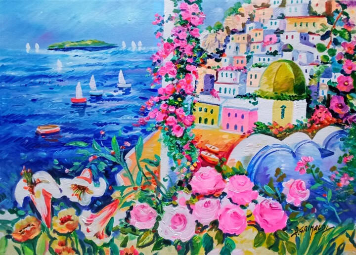 Painting titled "Colorful flowers on…" by Alfredo Grimaldi, Original Artwork, Oil Mounted on Wood Stretcher frame