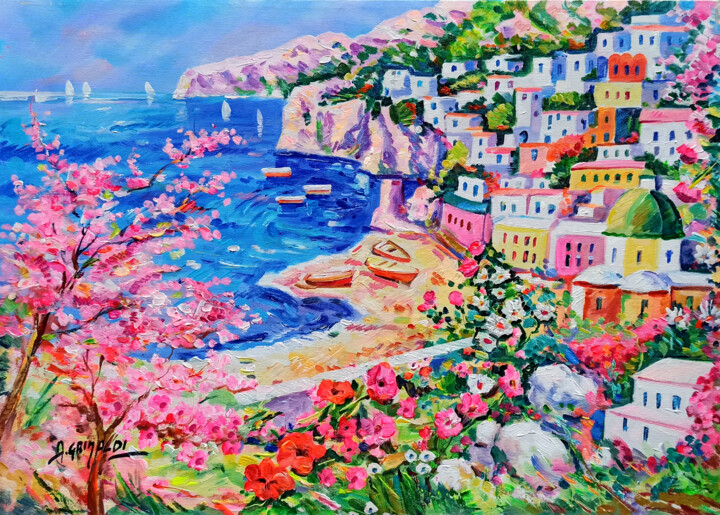 Painting titled "Flowering of pink -…" by Alfredo Grimaldi, Original Artwork, Oil Mounted on Wood Stretcher frame