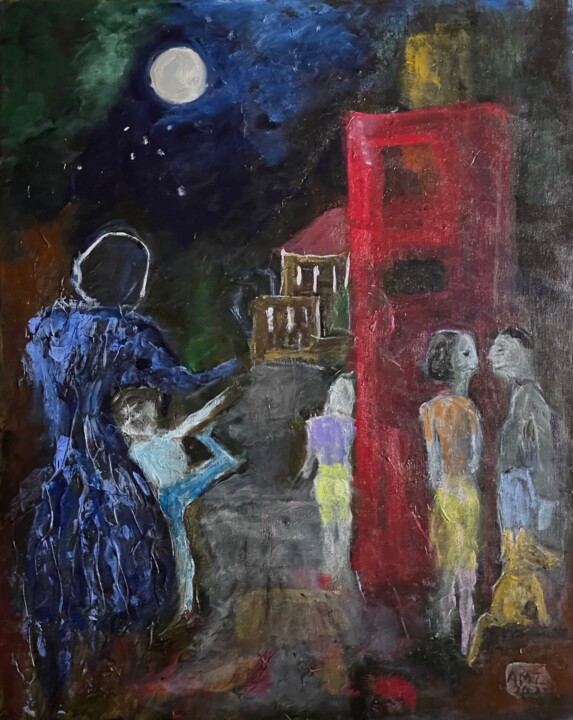 Painting titled "Noche de Barrio" by Alfredo Machado Zingg, Original Artwork, Acrylic Mounted on Wood Stretcher frame