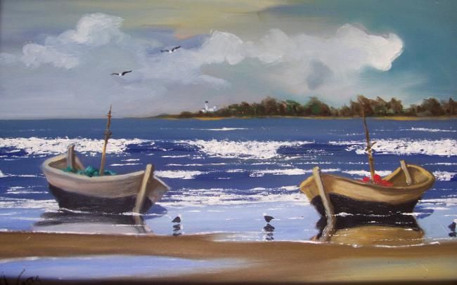 Painting titled "Playa con dos Botes" by Alfredo Costa Buzio, Original Artwork