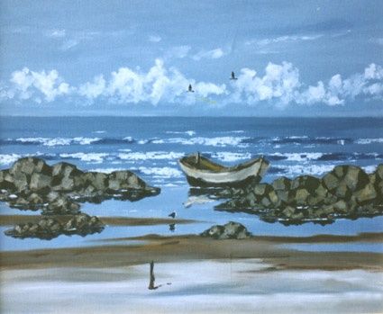 Pintura titulada "Playa con Bote y Ro…" por Alfredo Costa Buzio, Obra de arte original