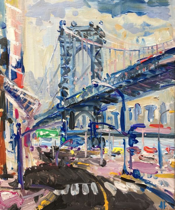 Painting titled "Manhattan Bridge" by Altin Furxhi, Original Art, Acrylic Mounted on Stretcher frame