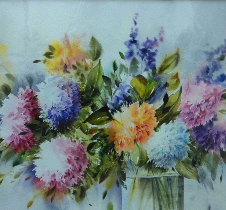 Painting titled "violet flowers" by Nasim Khalaj, Original Artwork, Watercolor