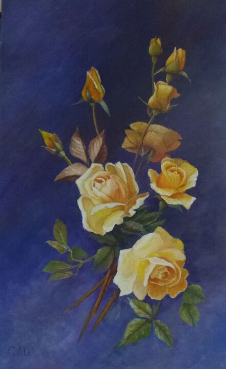 Painting titled "Roses jaunes sur fo…" by Alice Capelli, Original Artwork, Oil