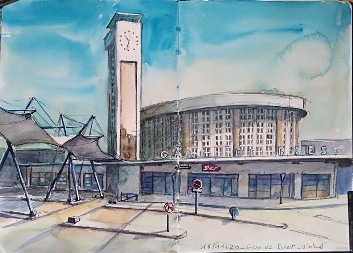 Pintura intitulada "Croquis-La gare de…" por Alice Quillévéré, Obras de arte originais, Aquarela