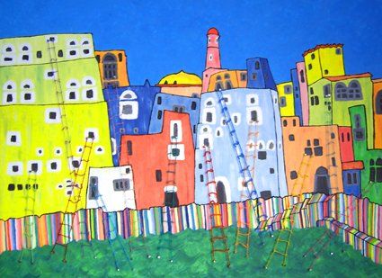 Pittura intitolato "Villaggio a colori…" da Alice Castellani, Opera d'arte originale
