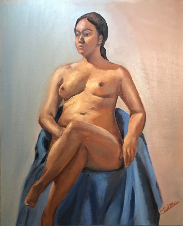 Painting titled "naked-girl-sitting-…" by Chih-Mei Chiu, Original Artwork, Oil