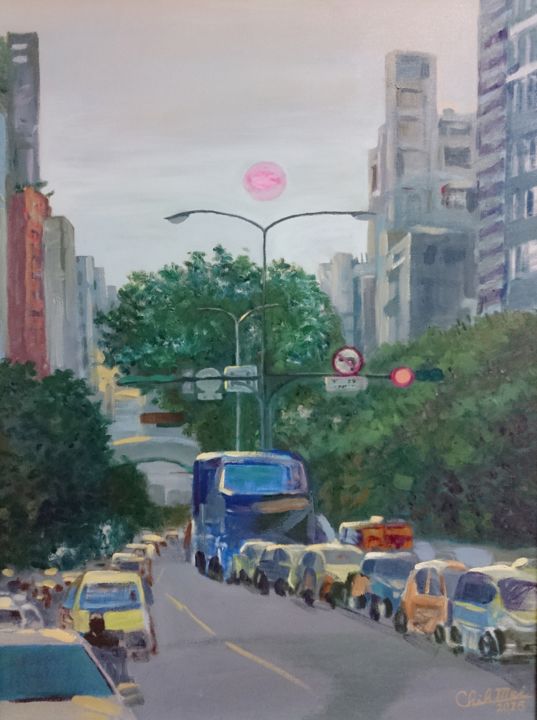 Painting titled "pink-sunset.jpg" by Chih-Mei Chiu, Original Artwork, Oil