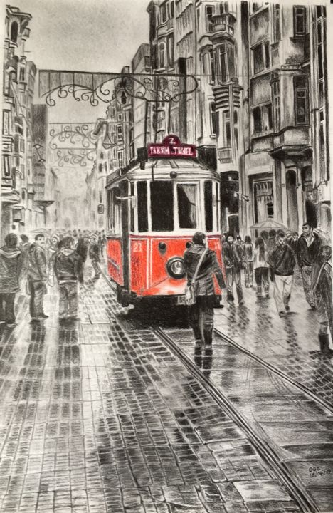Pittura intitolato "Rainy day in Beyoğlu" da Hakan Oğuz, Opera d'arte originale, Carbone Montato su Pannello di legno