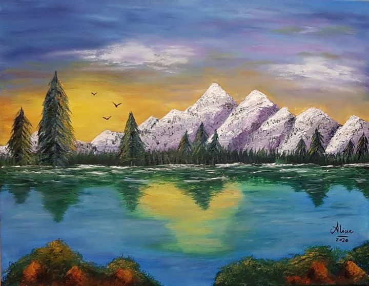 Peinture intitulée "LAGO ALPINO" par Alicia, Œuvre d'art originale, Huile