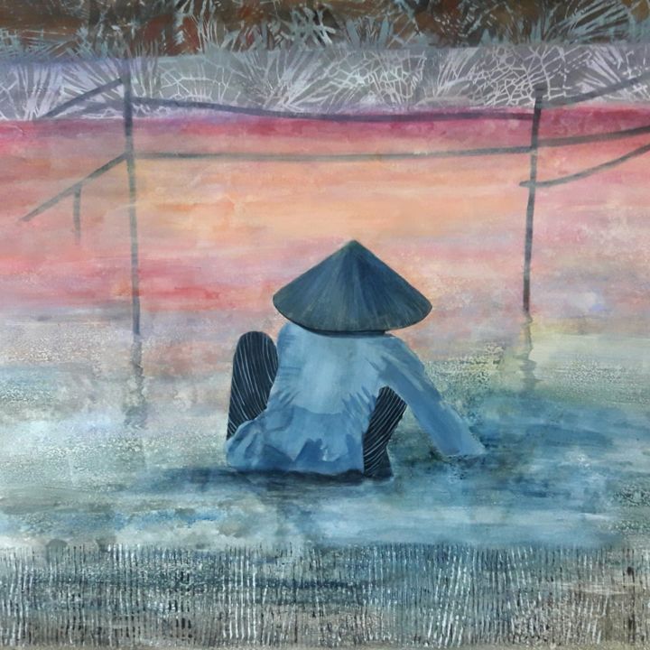 Pintura titulada "Pesca al atardecer" por Alicia Tilmant, Obra de arte original, Acrílico Montado en Bastidor standard
