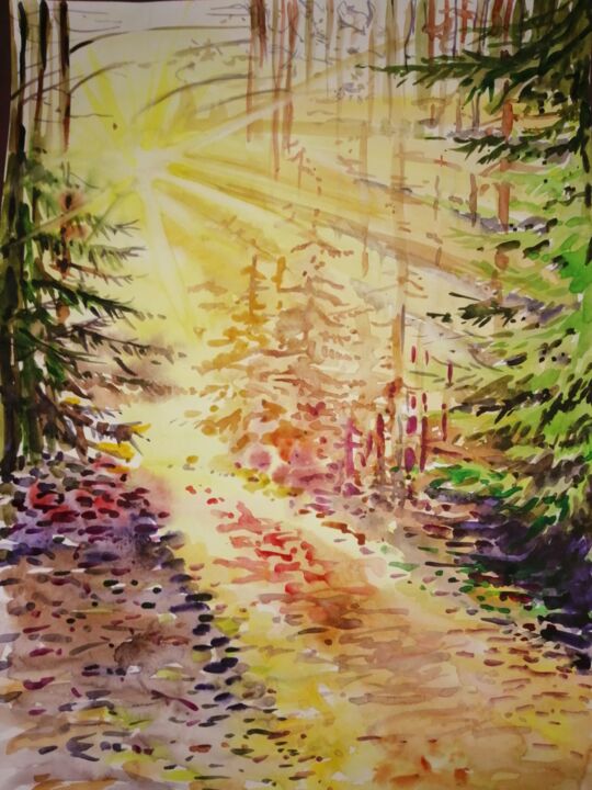 Картина под названием "Солнышко в лесу" - Майя Камалдинова, Подлинное произведение искусства, Акварель