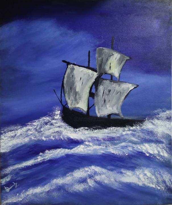 Schilderij getiteld "Sea boat" door Alimul Islam, Origineel Kunstwerk, Acryl