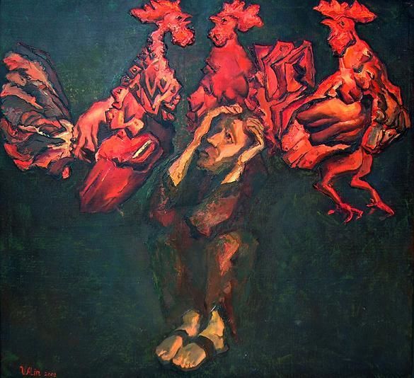 Painting titled "Pierre et les coqs" by Alin Vartceanu, Original Artwork