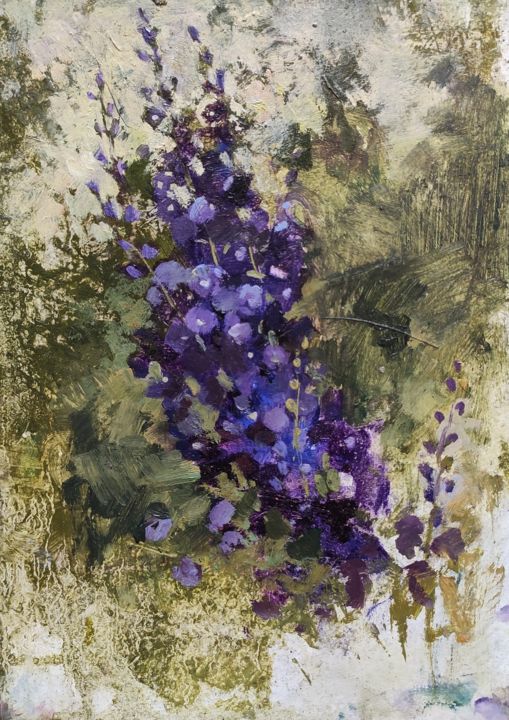 Картина под названием "Фиолетовые цветы по…" - Алина Буглеева, Подлинное произведение искусства, Масло