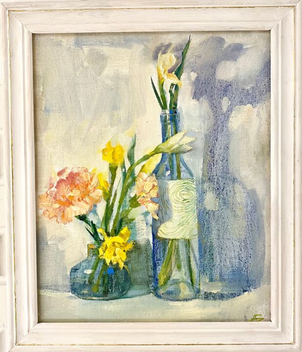 Картина под названием "Цветы" - Алина Буглеева, Подлинное произведение искусства, Масло Установлен на Деревянная рама для но…