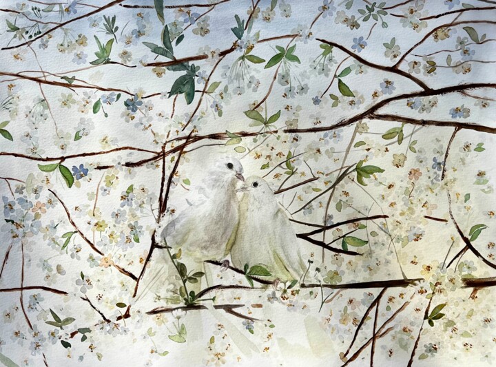 Painting titled "Blooming and doves" by Alina Buslova, Original Artwork, Watercolor