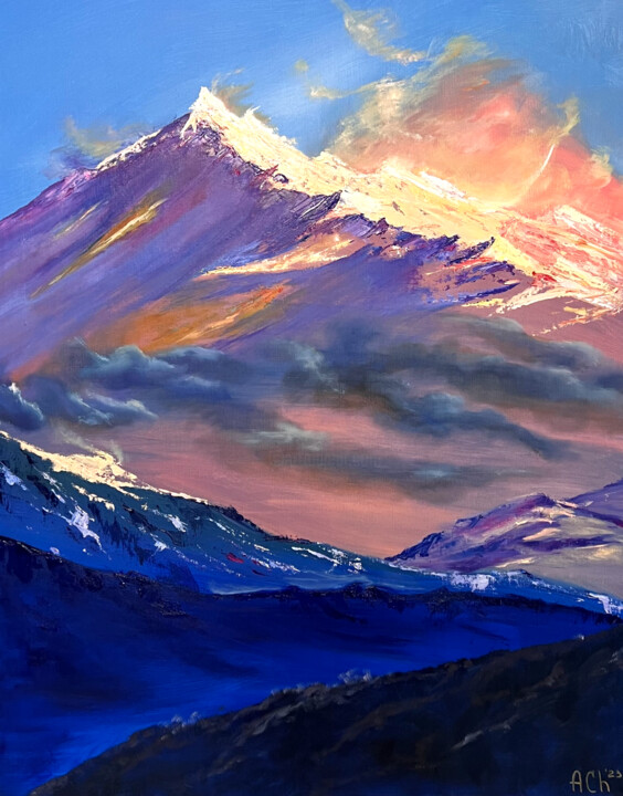 Картина под названием "Vivid mountains - l…" - Alina Chalaya, Подлинное произведение искусства, Масло Установлен на Деревянн…