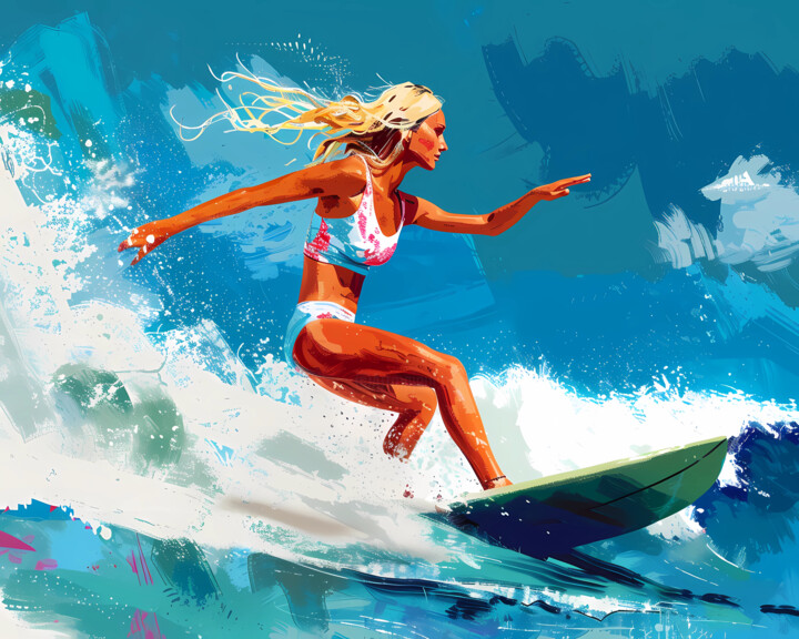 Arts numériques intitulée "Blonde surfer at sea" par Alina Chalaya, Œuvre d'art originale, Image générée par l'IA