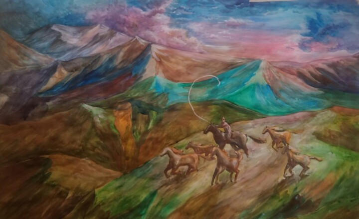 Schilderij getiteld "Mongolia" door Alina Gelman, Origineel Kunstwerk, Aquarel