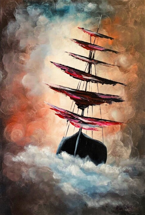 Painting titled "Storm on the sea" by Alina Lidia Tanase, Original Artwork, Acrylic Mounted on Wood Stretcher frame