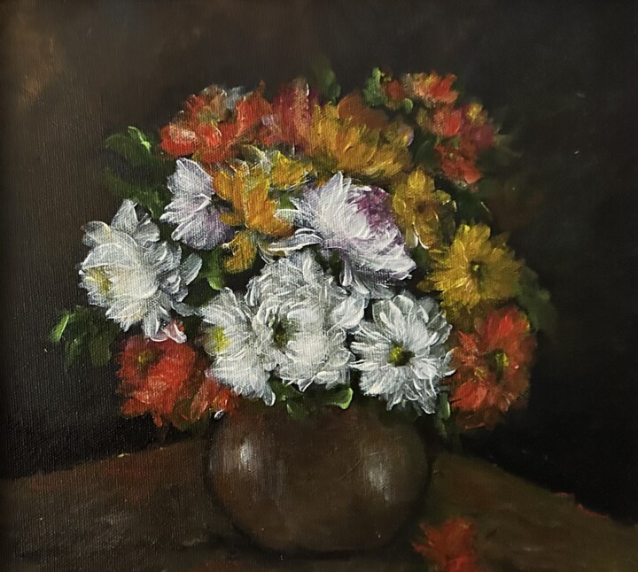 Painting titled "Chrysanthemum" by Alina Lidia Tanase, Original Artwork, Oil Mounted on Wood Stretcher frame