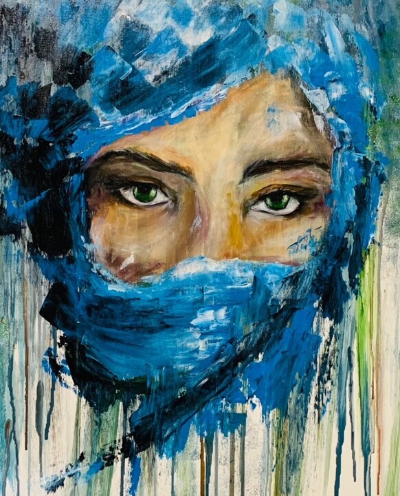 Painting titled "Woman with blue vail" by Alina Lidia Tanase, Original Artwork, Acrylic Mounted on Other rigid panel