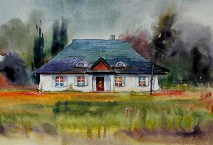 Malarstwo zatytułowany „Manor house” autorstwa Alina Matykiewicz, Oryginalna praca, Akwarela