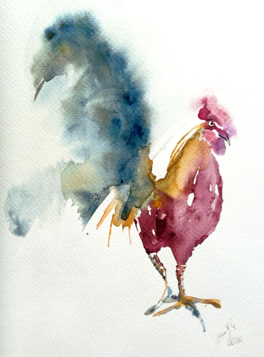 Картина под названием "Red rooster" - Alina Matykiewicz, Подлинное произведение искусства, Акварель