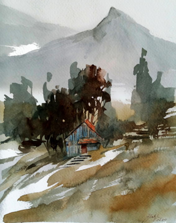 Painting titled "Shed in the mountai…" by Alina Matykiewicz, Original Artwork, Watercolor