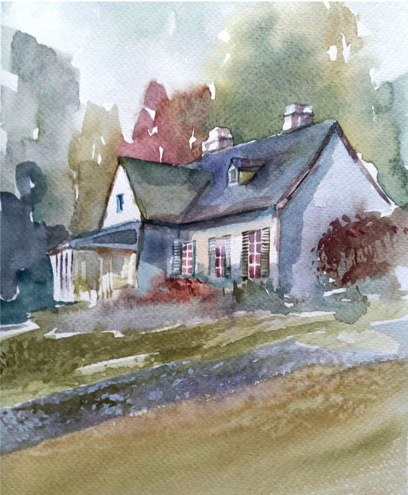 Painting titled "Country house in th…" by Alina Matykiewicz, Original Artwork, Watercolor