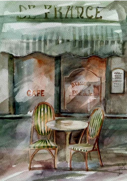 Painting titled "Green cafe" by Alina Matykiewicz, Original Artwork, Watercolor