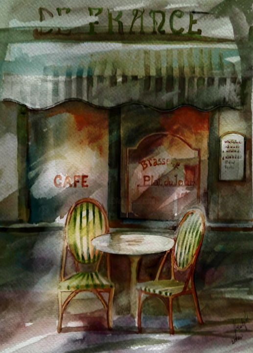 Malarstwo zatytułowany „Green cafe1” autorstwa Alina Matykiewicz, Oryginalna praca, Akwarela