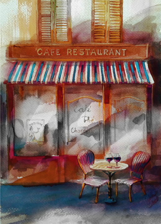 Картина под названием "Cafe Rose 1" - Alina Matykiewicz, Подлинное произведение искусства, Акварель