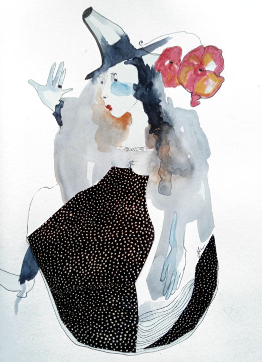 Collages titled "Miss in a hat" by Alina Matykiewicz, Original Artwork, Watercolor