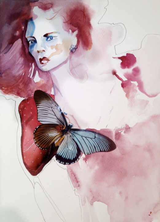 Arts numériques intitulée "Butterfly touch" par Alina Matykiewicz, Œuvre d'art originale, Aquarelle