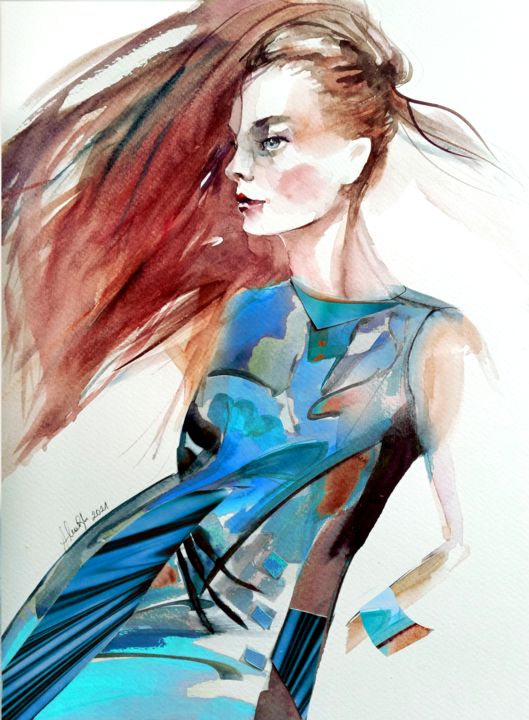 Artes digitais intitulada "Wind in hair" por Alina Matykiewicz, Obras de arte originais, Aquarela