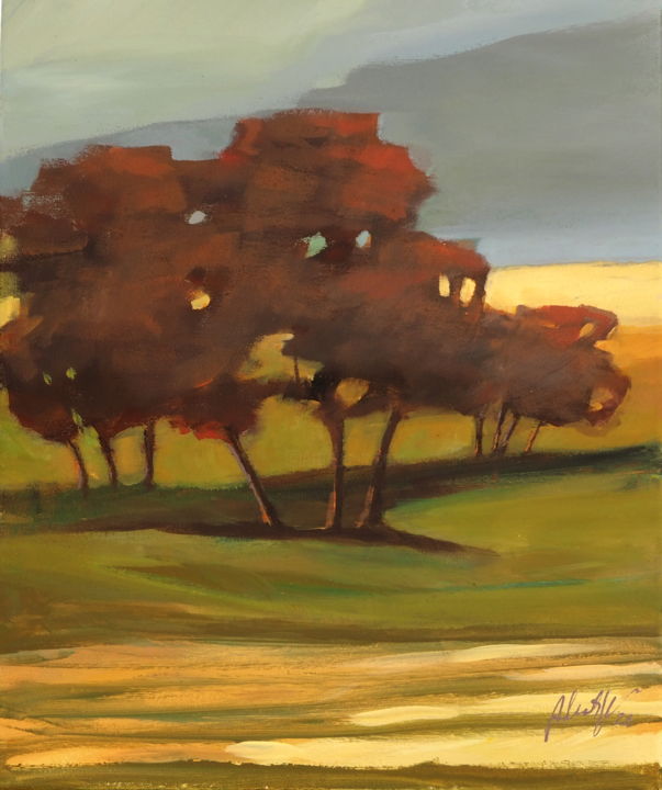 Painting titled "Autumn in the field" by Alina Matykiewicz, Original Artwork, Acrylic Mounted on Wood Panel