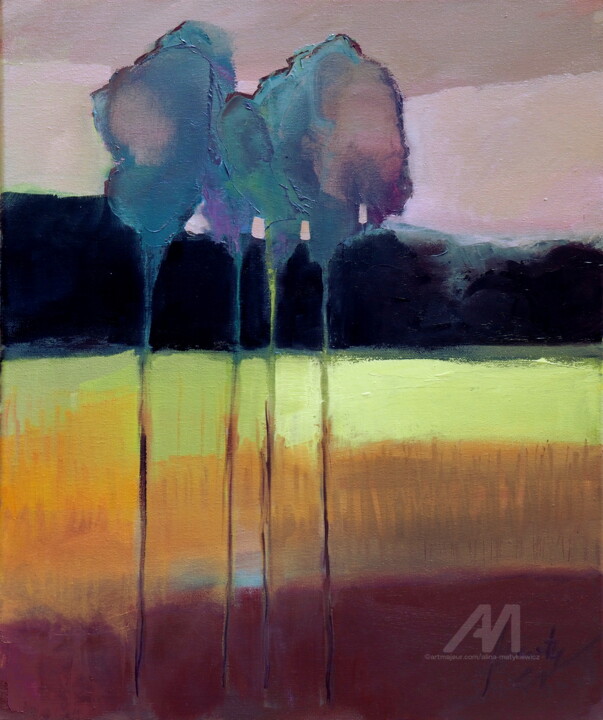 Painting titled "In the field" by Alina Matykiewicz, Original Artwork, Oil Mounted on Wood Panel