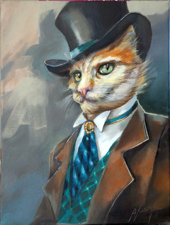 Painting titled "Cat in the hat" by Alina Matykiewicz, Original Artwork, Acrylic