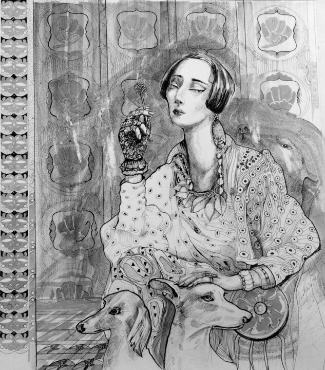 Σχέδιο με τίτλο "Lady with dogs" από Alina Matykiewicz, Αυθεντικά έργα τέχνης, Μαρκαδόρος