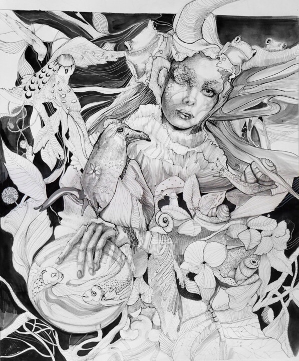 Dibujo titulada "Forest woman" por Alina Matykiewicz, Obra de arte original, Tinta