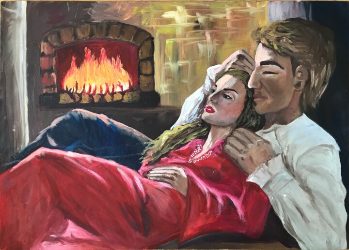 Painting titled "Fireplace warmth" by Alina Morozova, Original Artwork, Oil